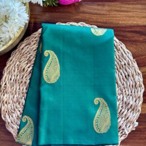 Dark green borderless Kanjivaram silk saree with gold mango motifs and zari pallu – Tari by Gayatri Sydney