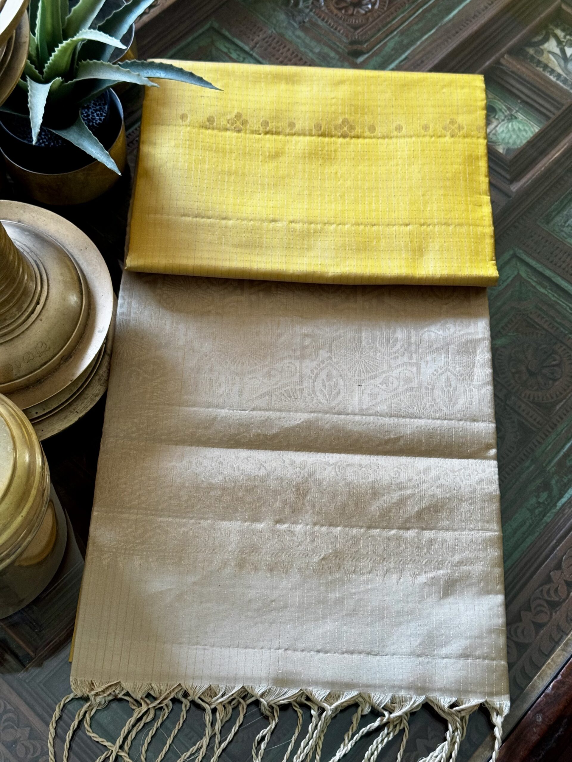 Soft golden mustard yellow Kanjivaram silk saree with beige border and zari pallu