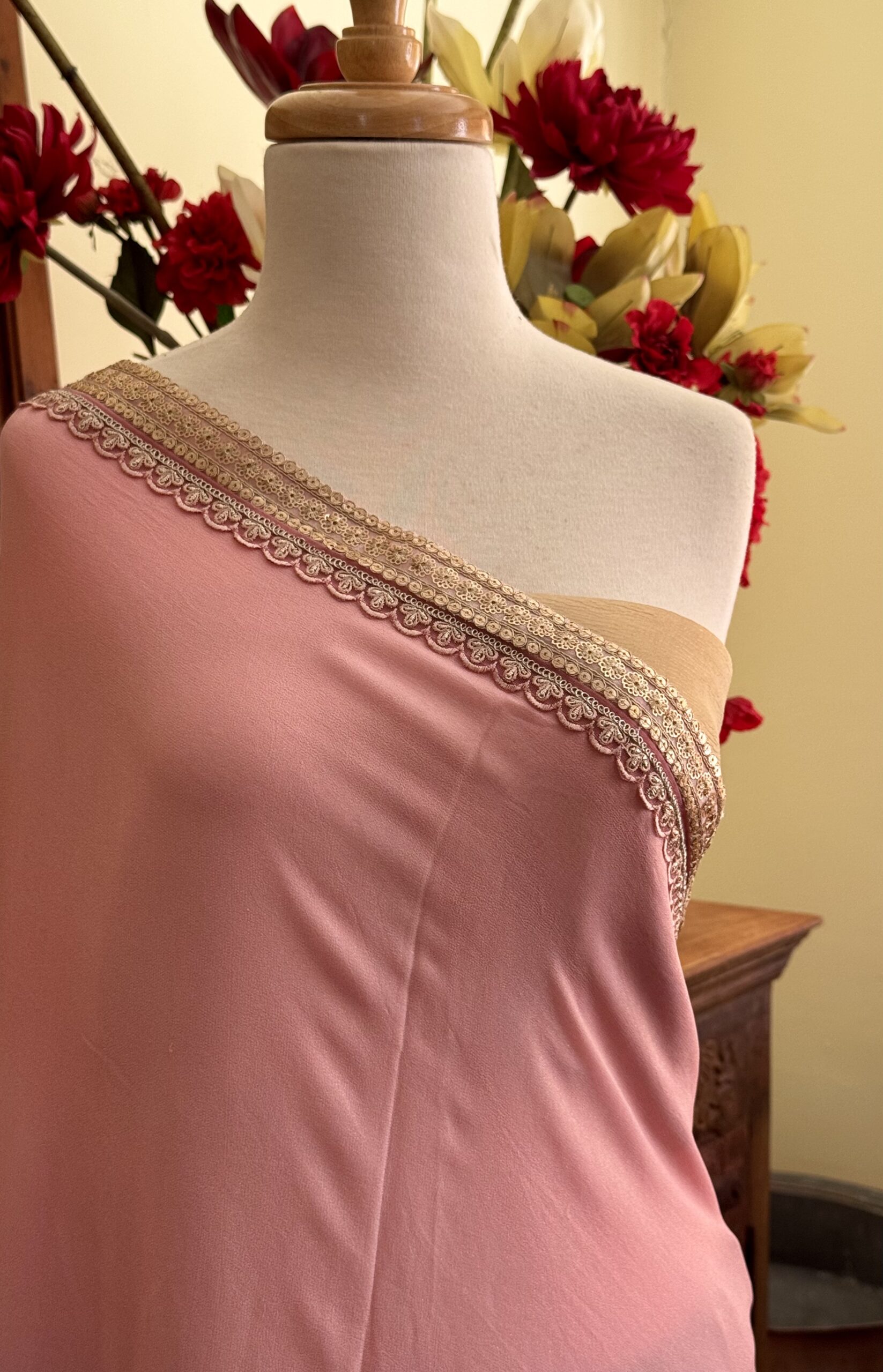 Soft pink shimmer georgette saree with gold lace border – Samaira by Tari by Gayatri
