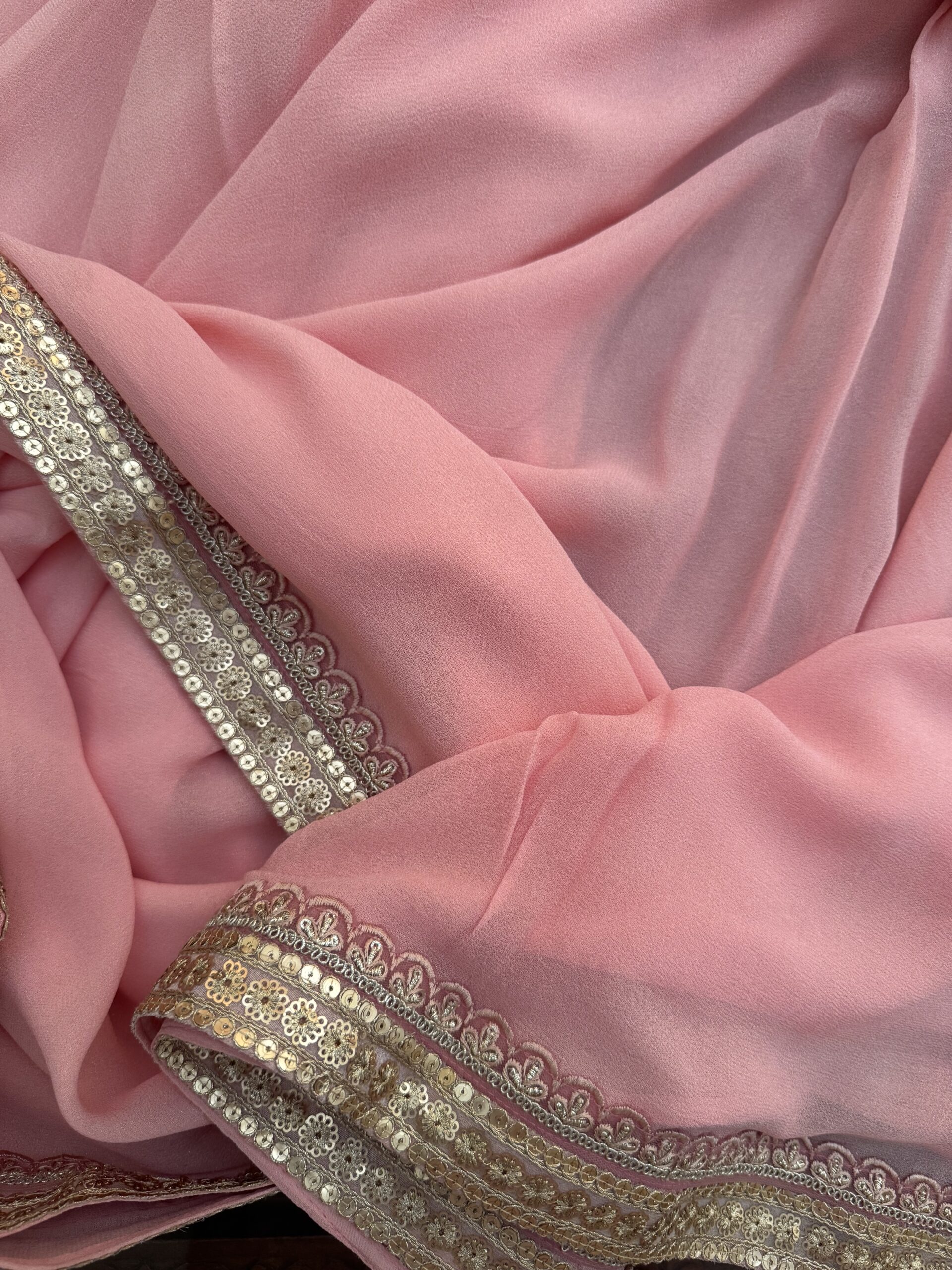 Soft pink shimmer georgette saree with gold lace border – Samaira by Tari by Gayatri