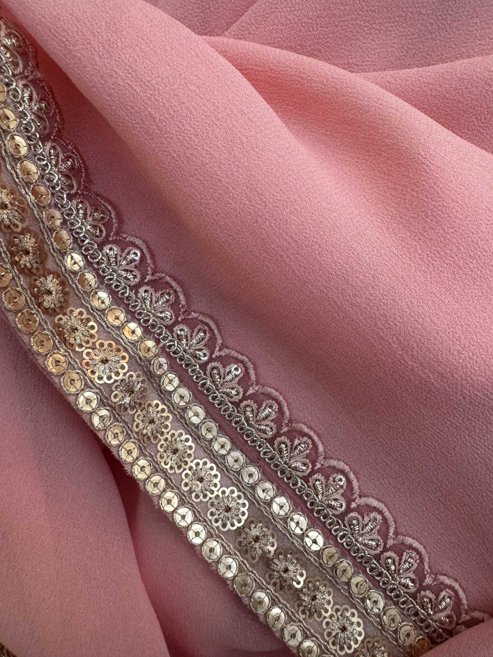 Soft pink shimmer georgette saree with gold lace border – Samaira by Tari by Gayatri