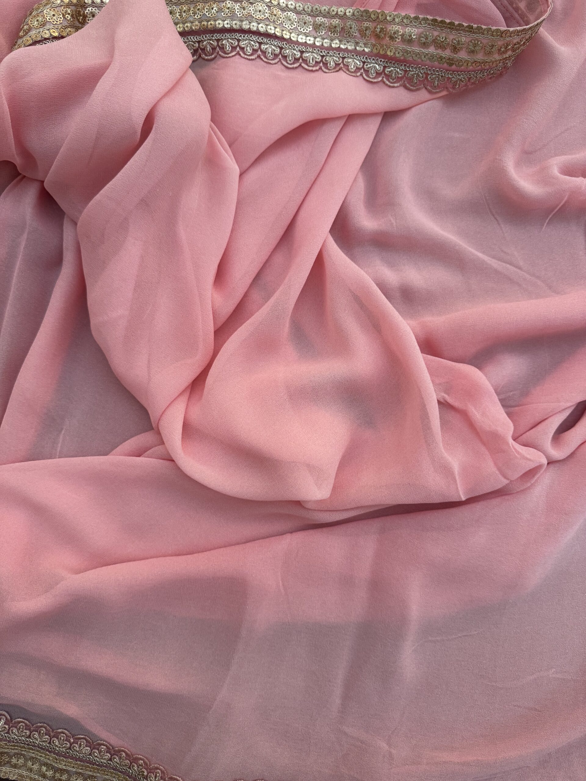 Soft pink shimmer georgette saree with gold lace border – Samaira by Tari by Gayatri