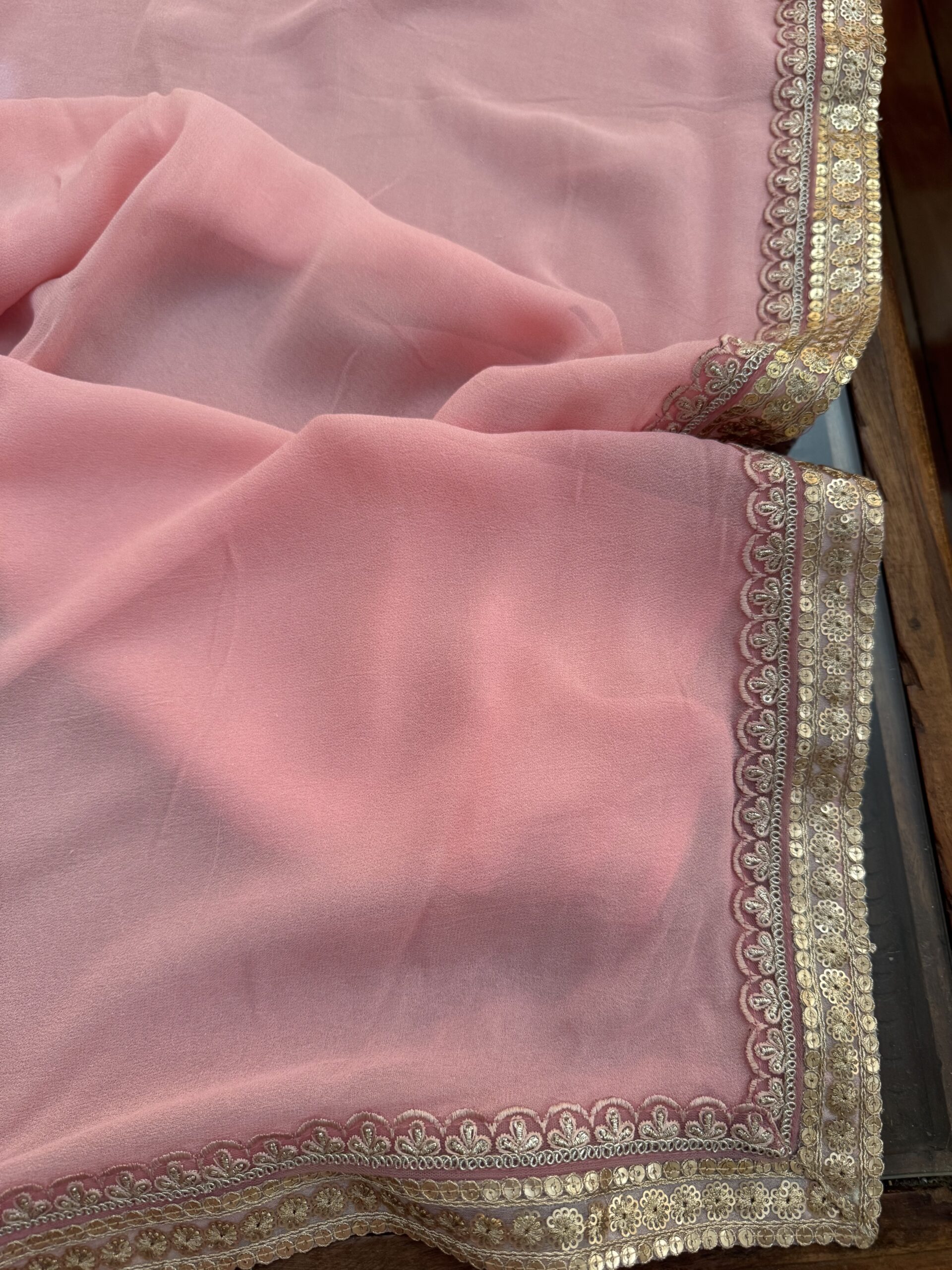 Soft pink shimmer georgette saree with gold lace border – Samaira by Tari by Gayatri