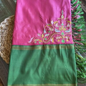 onion pink pure kanjivaram saree with green double side border by Tari by Gayatri