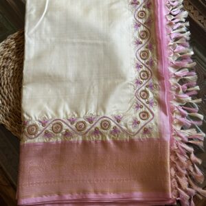 cream pure kanjivaram silk saree with pink zari border by Tari by Gayatri