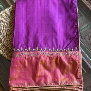 deep magenta soft silk saree with hand-embroidered floral border by Tari by Gayatri