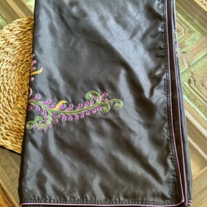 Kaalika black pure silk saree with floral creeper embroidery