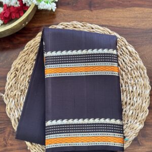 Suhana black Kanjivaram silk saree with orange threadwork and retta pattu zari borders on both sides.