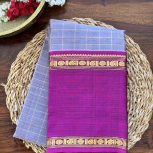 Aavani grey shot Ganga Yamuna Kanjivaram silk saree with contrast magenta and green borders.