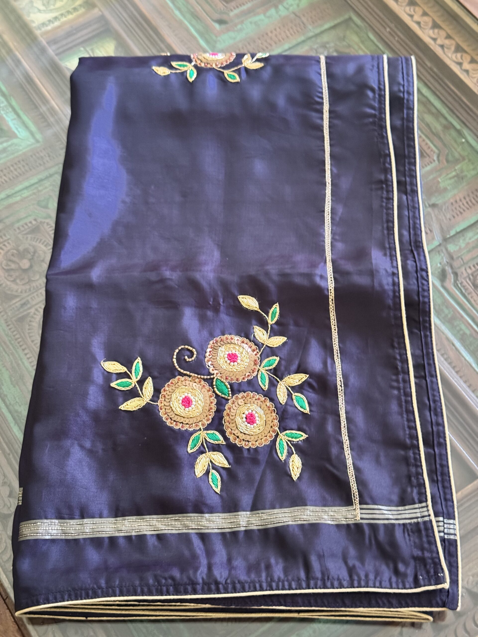 Slim gold zari stripe border and woven gold hem detail on Indranila midnight navy pure silk saree by Tari by Gayatri
