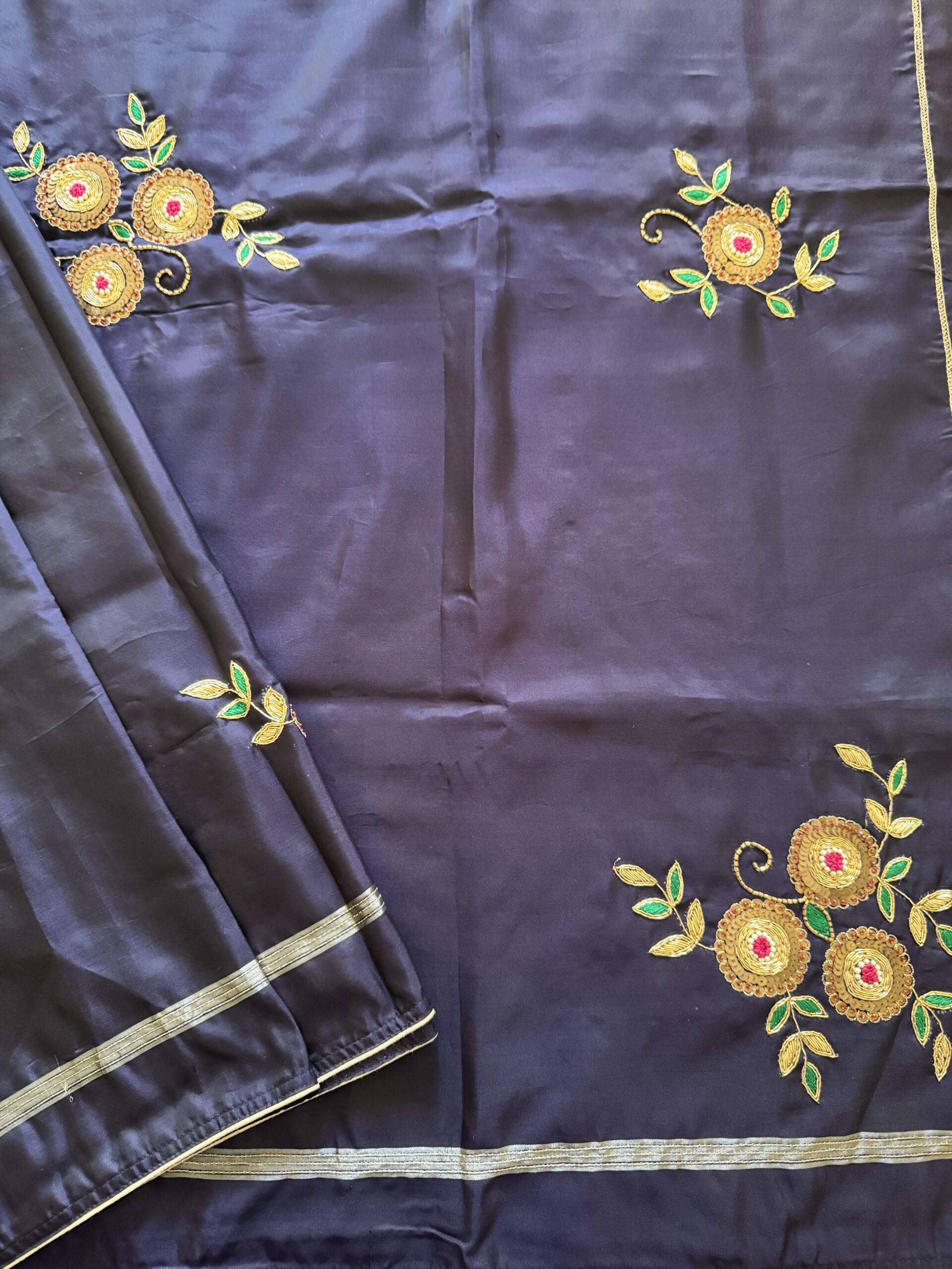 Slim gold zari stripe border and woven gold hem detail on Indranila midnight navy pure silk saree by Tari by Gayatri