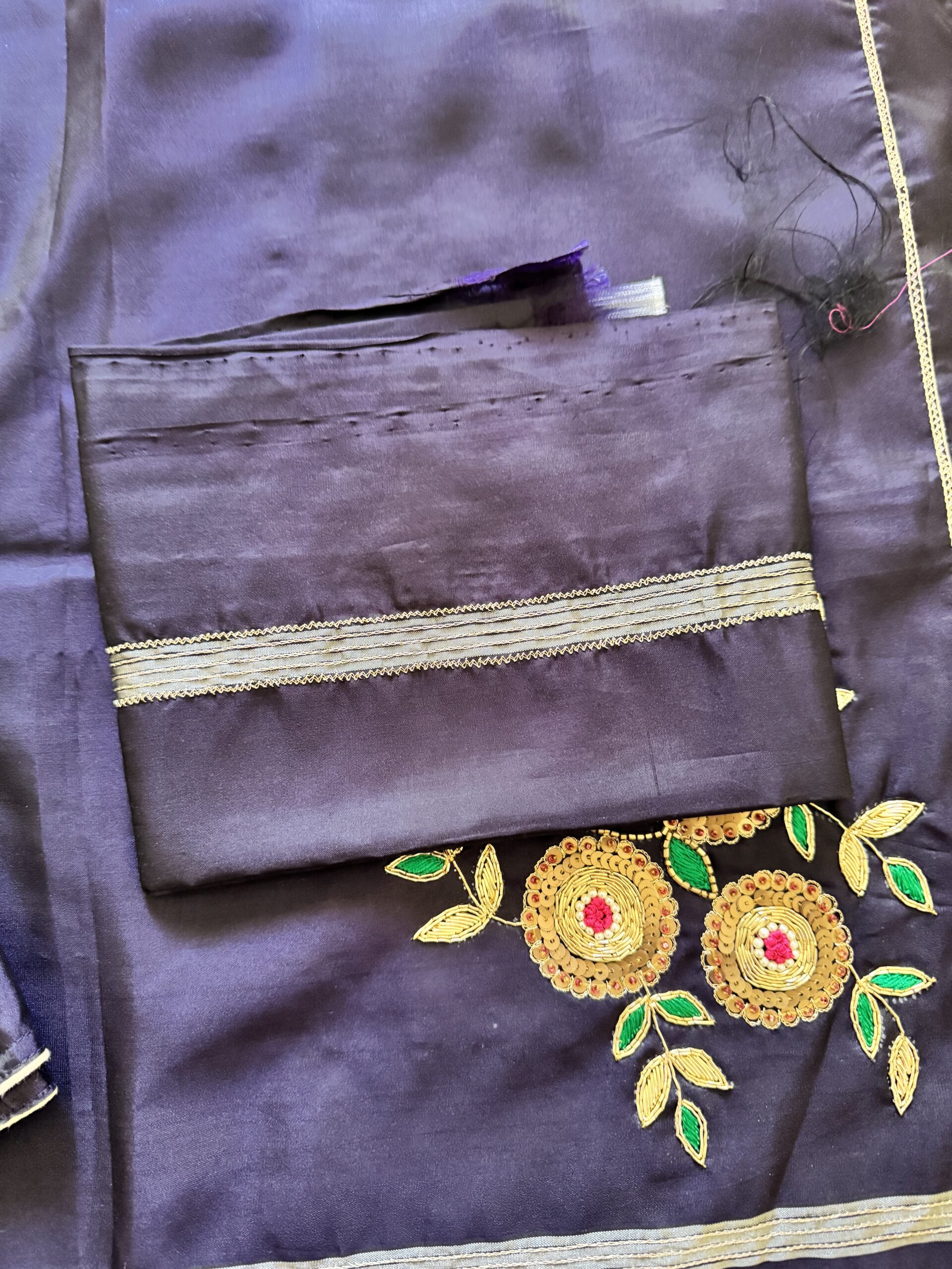 Slim gold zari stripe border and woven gold hem detail on Indranila midnight navy pure silk saree by Tari by Gayatri
