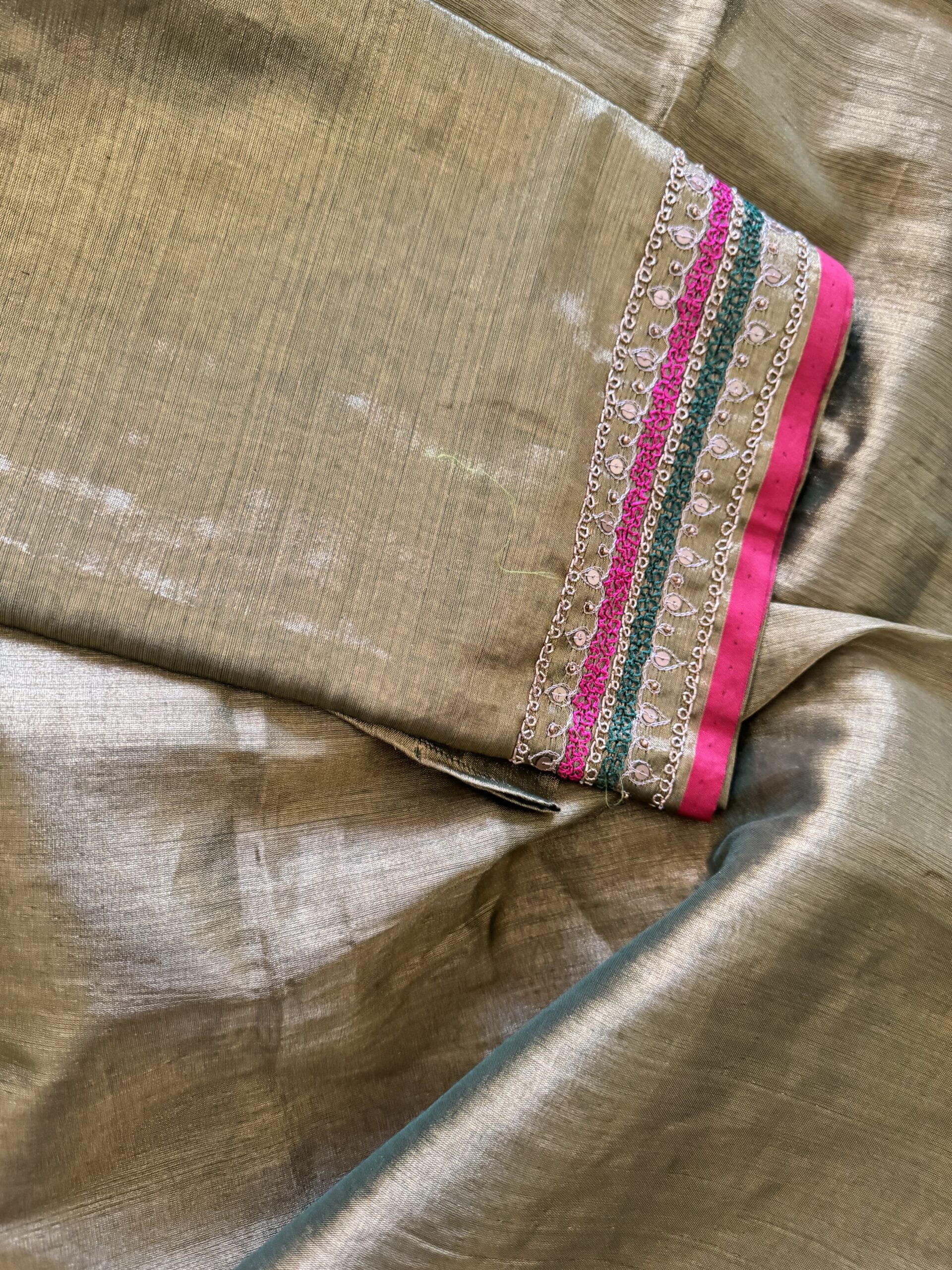 Matching hand-embroidered blouse fabric for Suvarna gold tissue silk saree with zari and green thread work — Tari by Gayatri