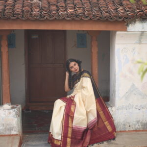 Ivory Ganga Yamuna Kanjivaram saree with maroon border and black zari pallu — Kaveri by Tari by Gayatri
