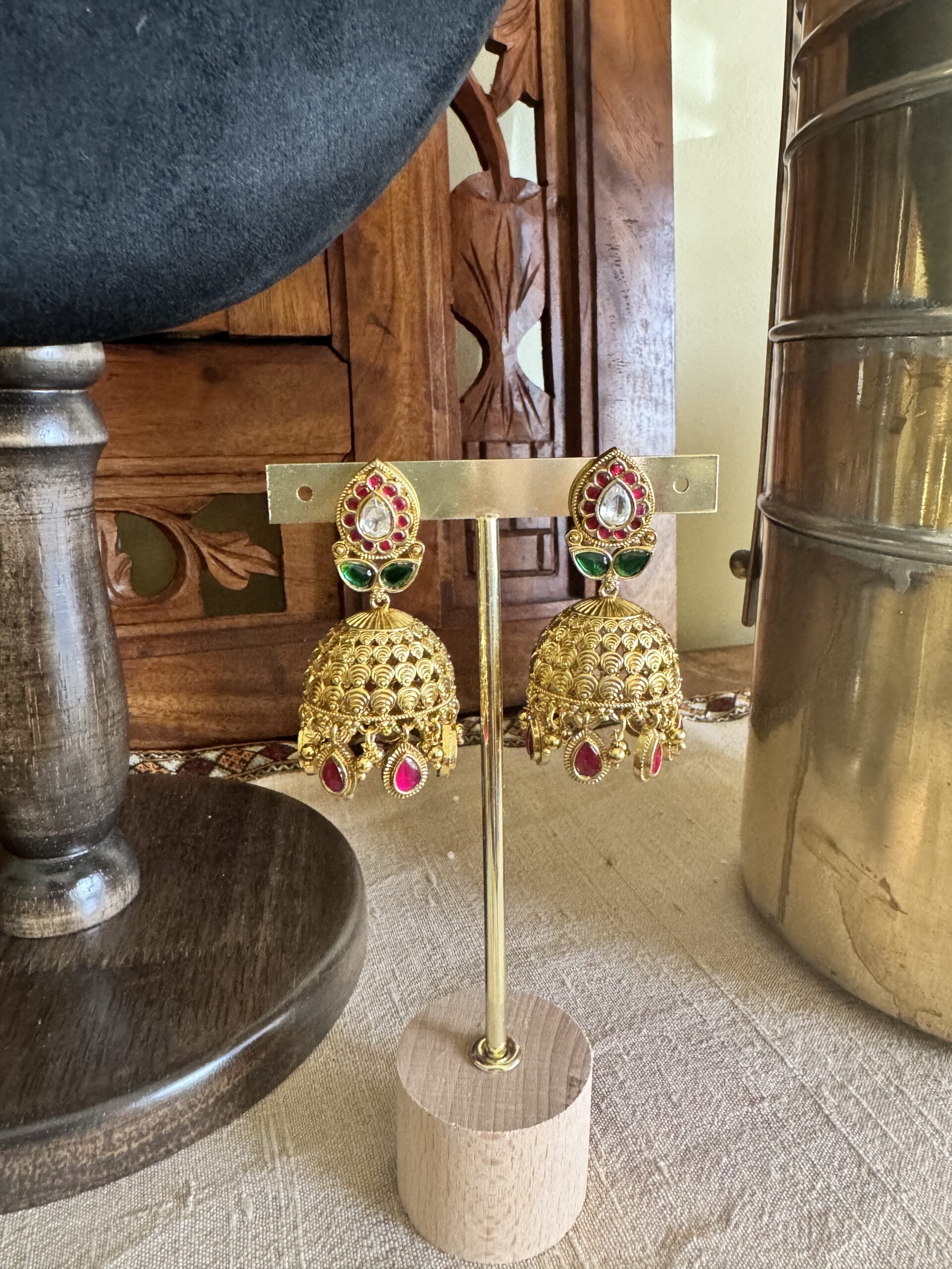 BROE antique gold choker necklace with a coin pattern and pink and green teardrop stones