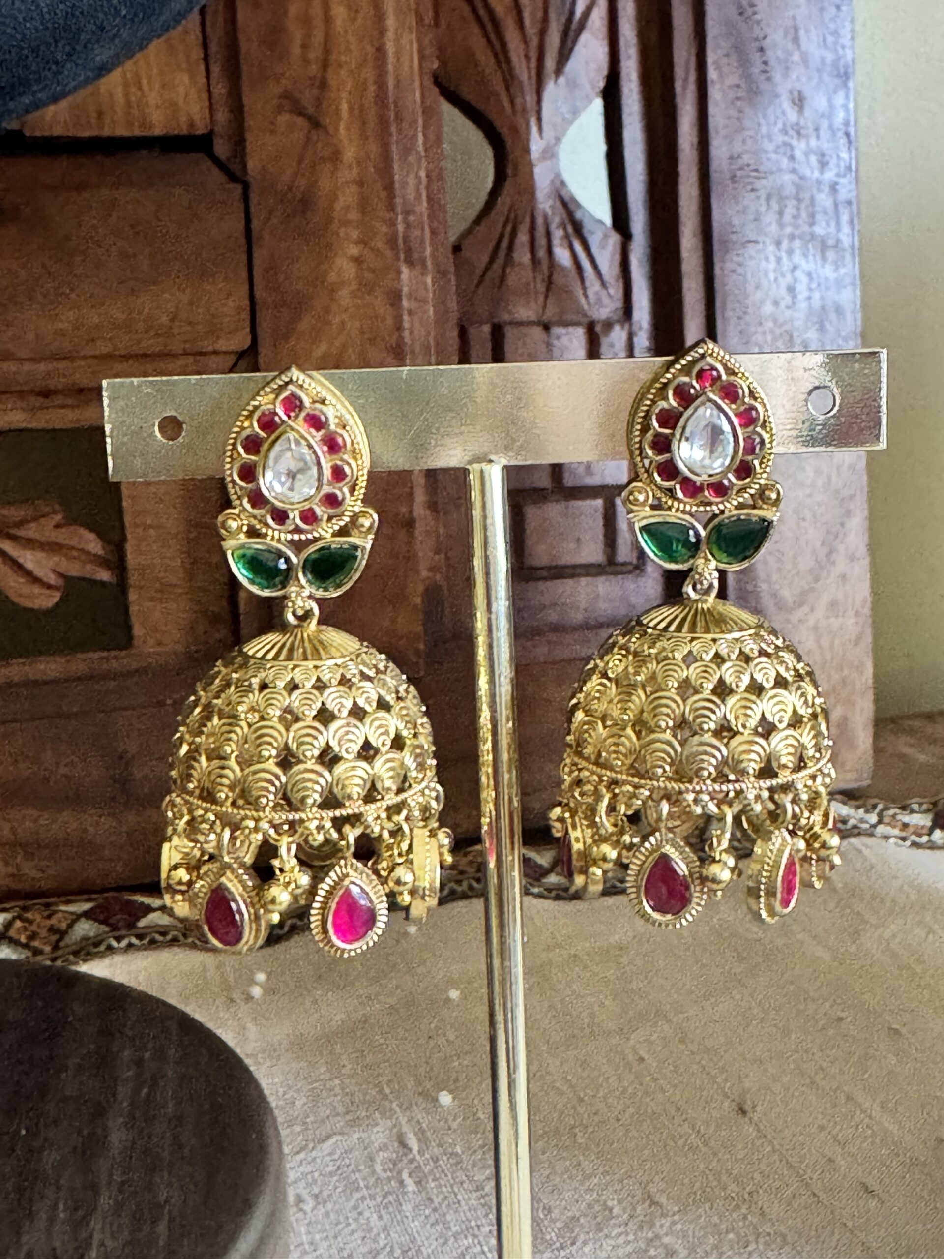 BROE antique gold choker necklace with a coin pattern and pink and green teardrop stones