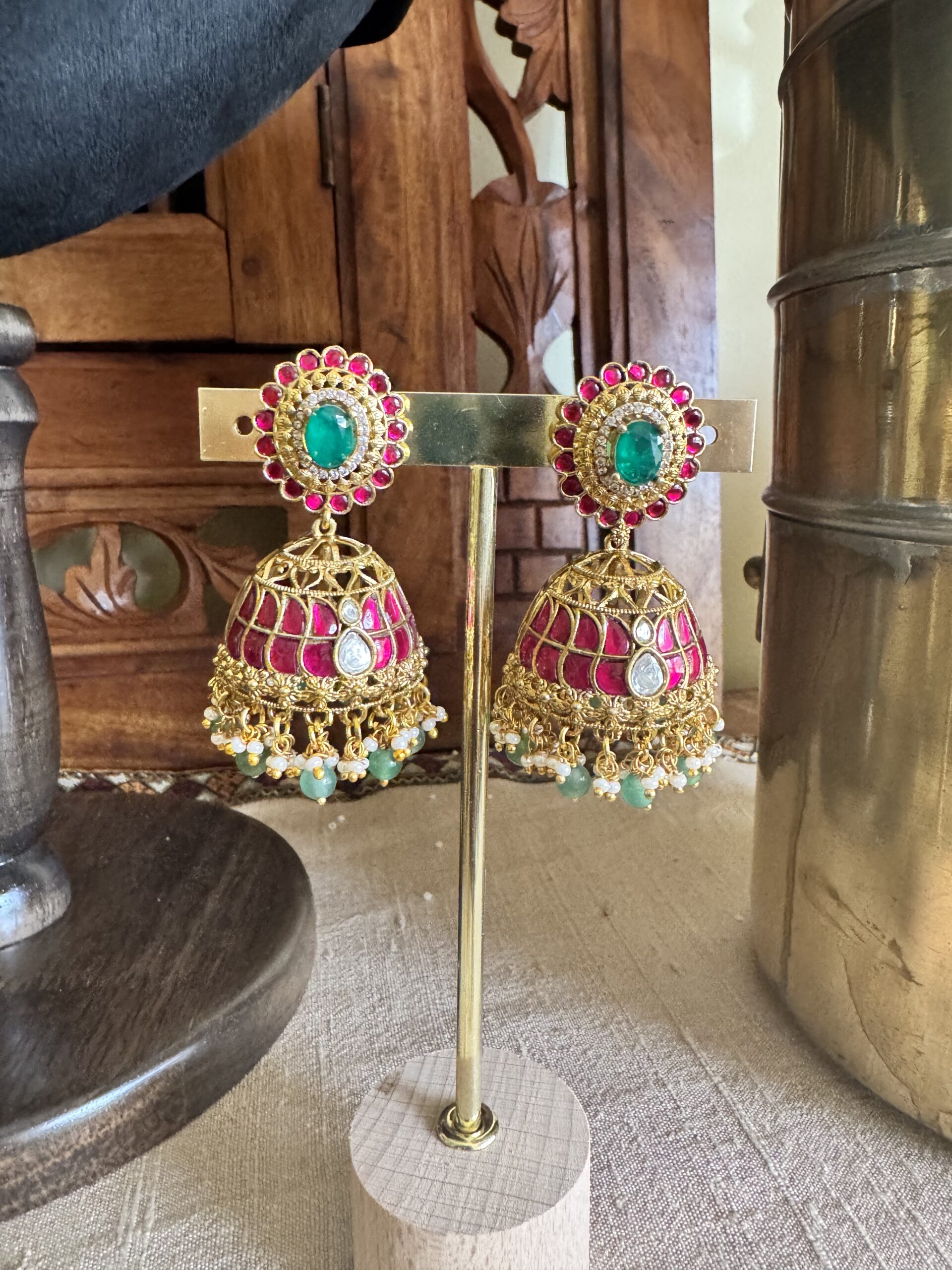 IBIT traditional temple necklace with a large peacock pendant and matching pink jhumki earrings with green bead drops