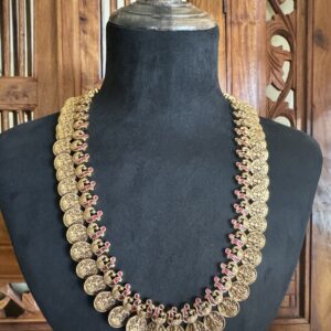 BABB antique gold temple necklace and jhumki earrings with pink and green stones