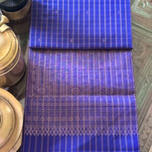 Charvi royal MS blue soft silk saree with gold zari stripes and an intricate pallu as displayed